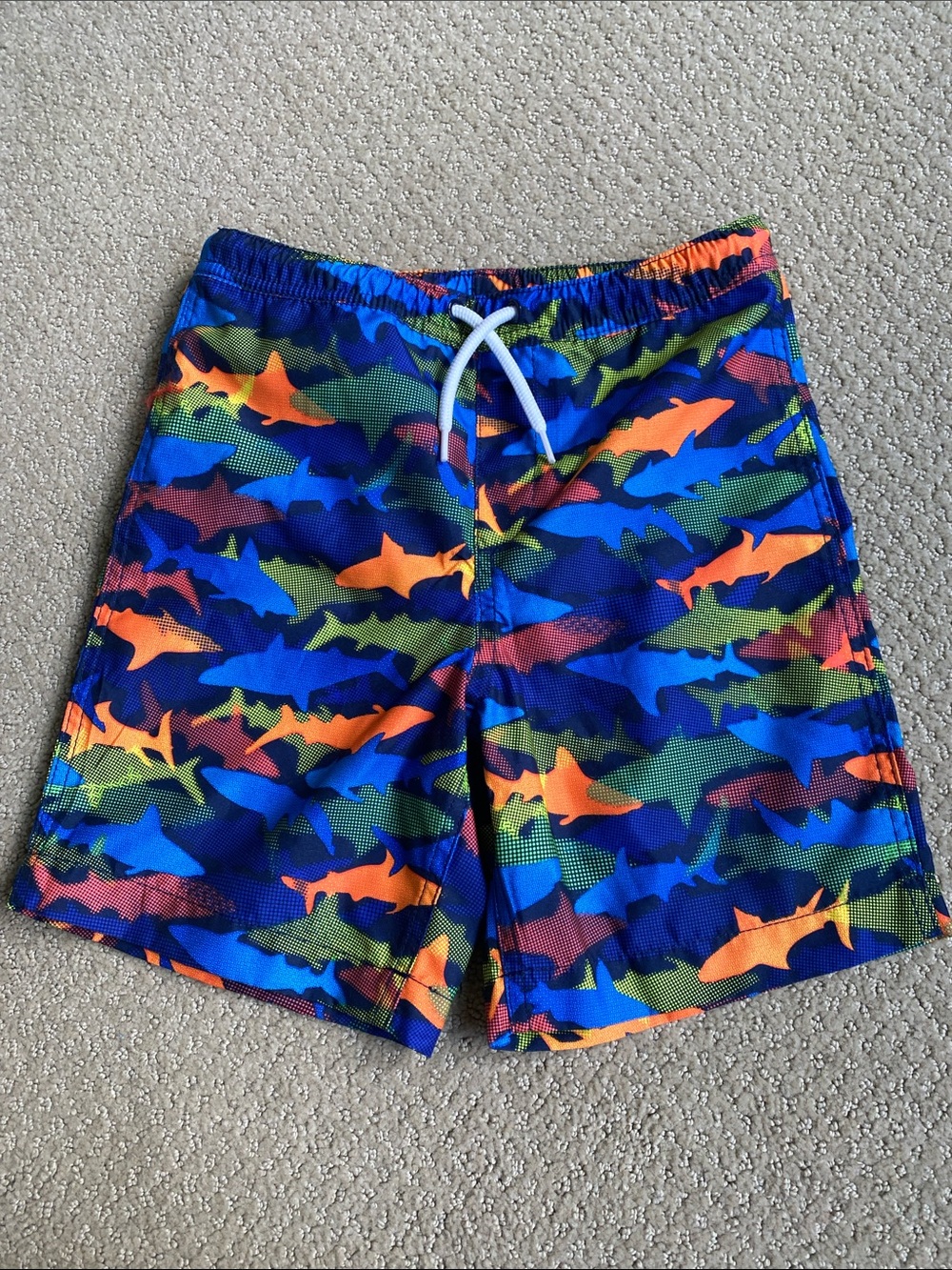 Lands' End Blue Shark-Pattern Swim Shorts with Orange & Green Accents